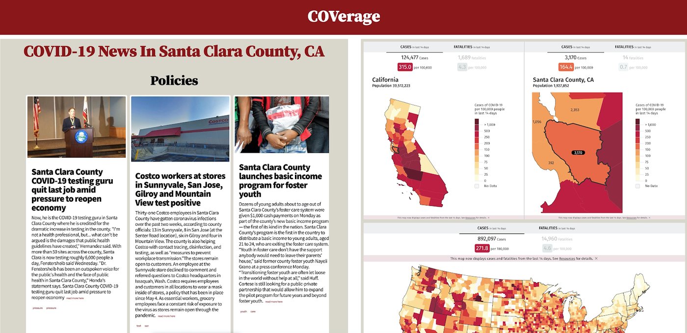 COVerage COVerage dashboard showing local COVID-19 news and case maps for Santa Clara County